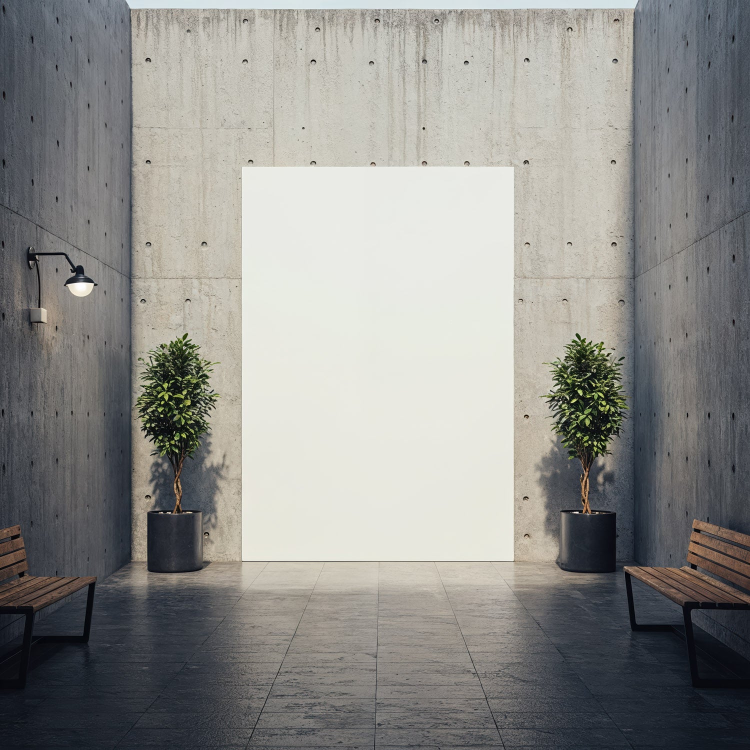 Modern concrete courtyard with greenery and benches