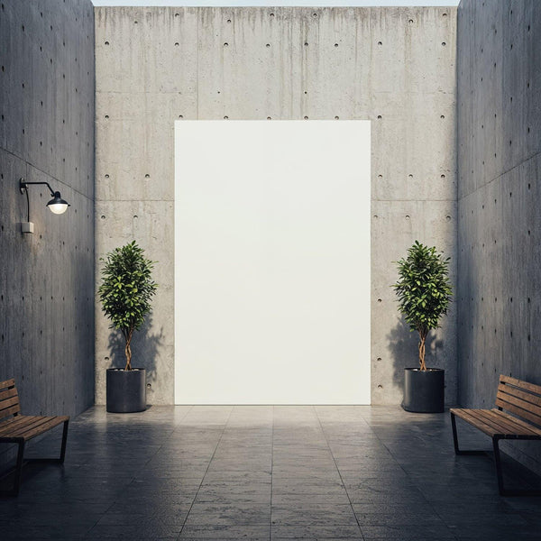 Modern concrete courtyard with greenery and benches JPG Mockup Image