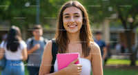 Young Smiling Woman with Pink Notebook Outdoors on Campus