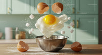 Fresh egg yolk and white breaking over mixing bowl