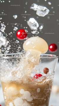 Glass of Fizzy Carbonated Drink with Ice Cubes and Splash Effect