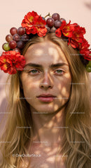 Beautiful Woman Wearing Floral Crown with Red Alstroemeria and Grape Flowers