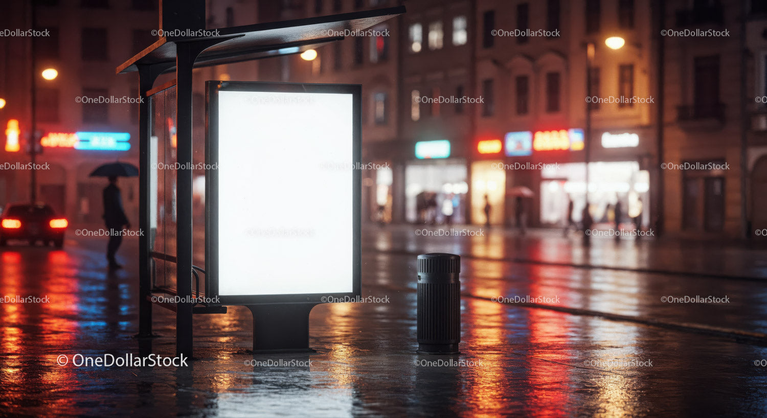 Illuminated Bus Stop Shelter on Rainy Night City Street