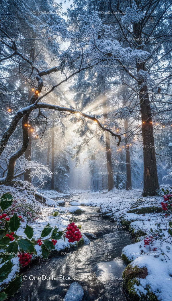 Winter forest stream with glowing sun and red berries