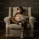 Young boy sitting with cozy knit blanket on armchair