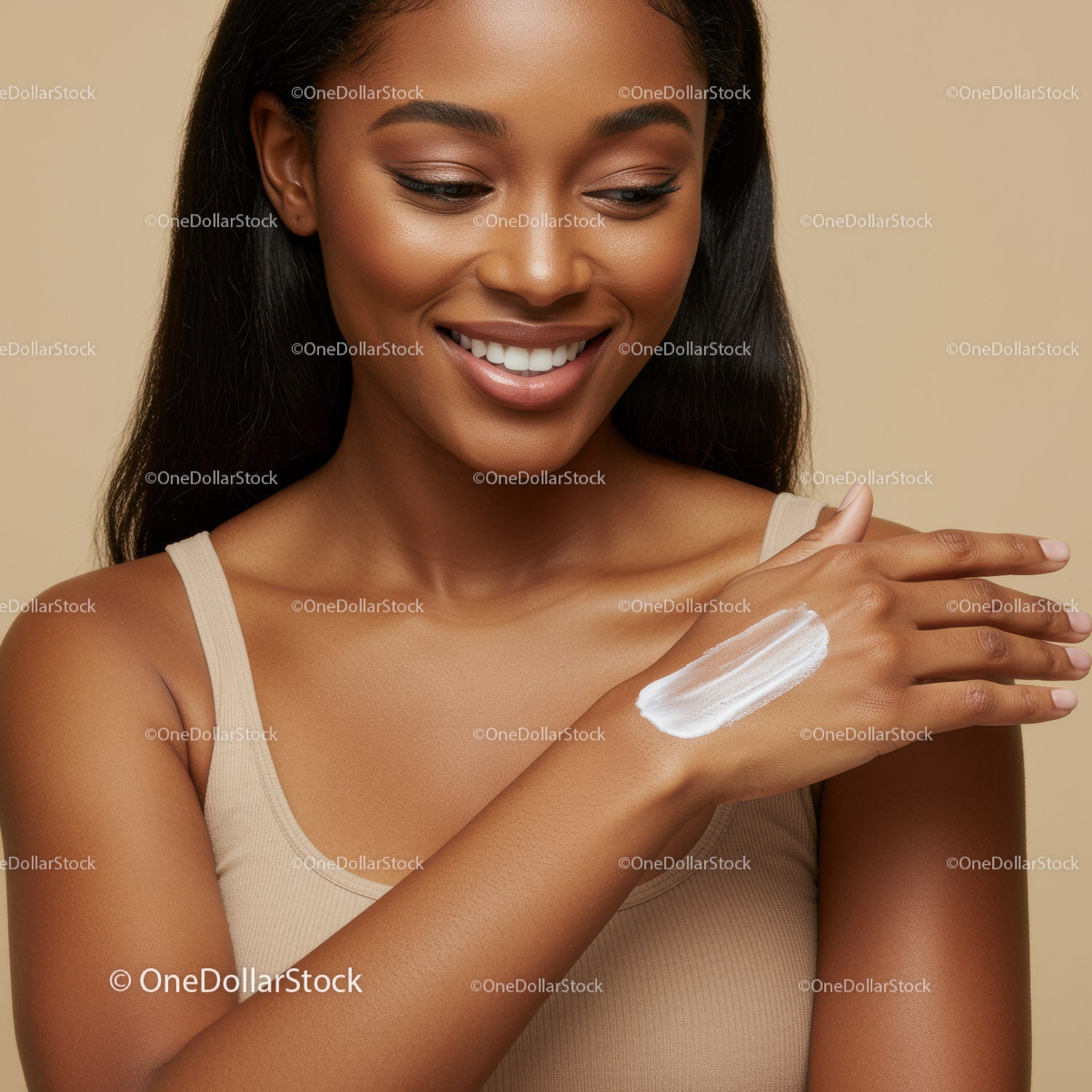 Young Woman Applying Sunscreen with Flawless Skin