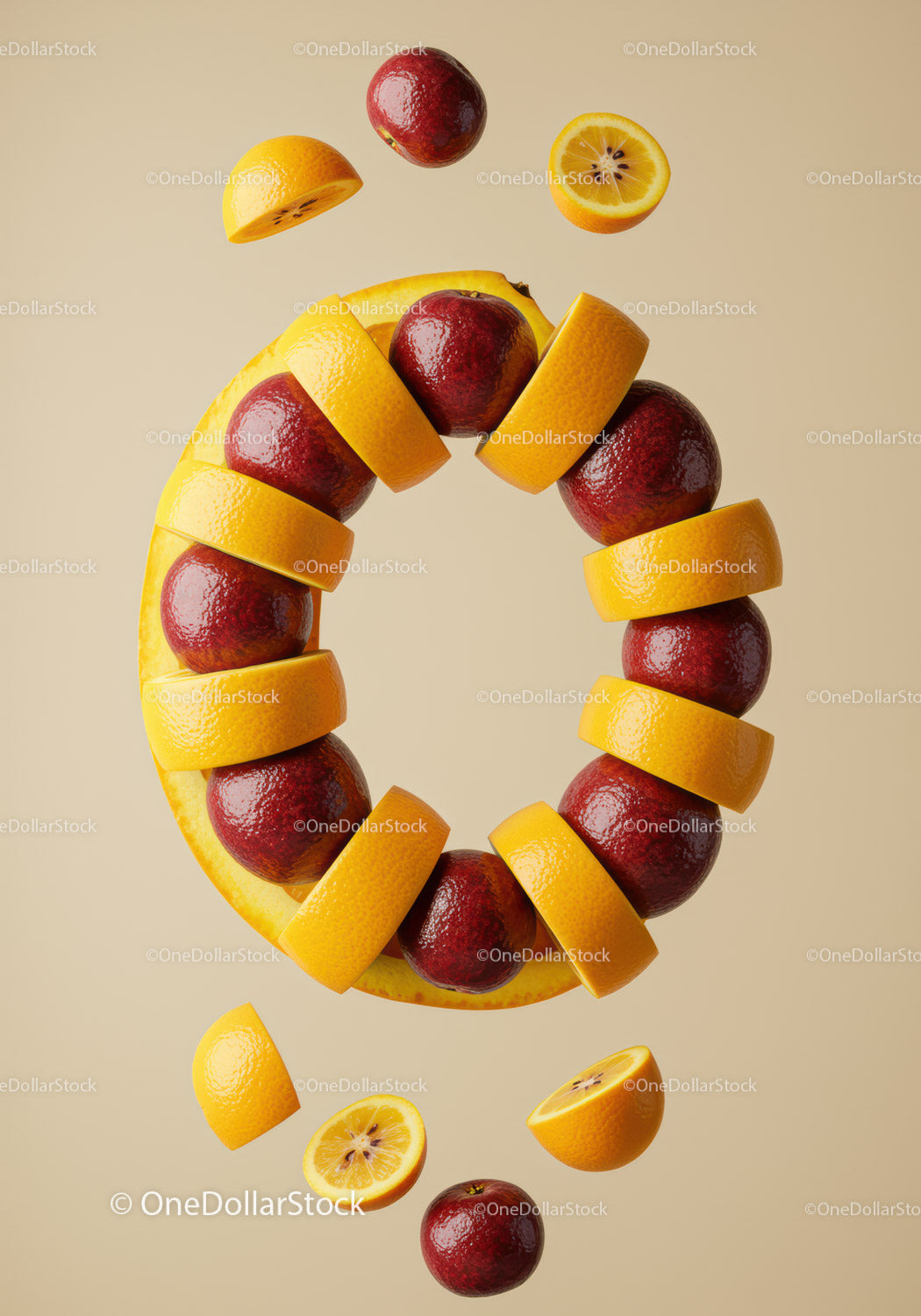 Floating Citrus and Red Apples Forming a Ring Shape