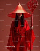Elegant Woman in Red Dress with Accessories Against Red Background