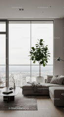 Modern Living Room with Large Window and Green Indoor Plant