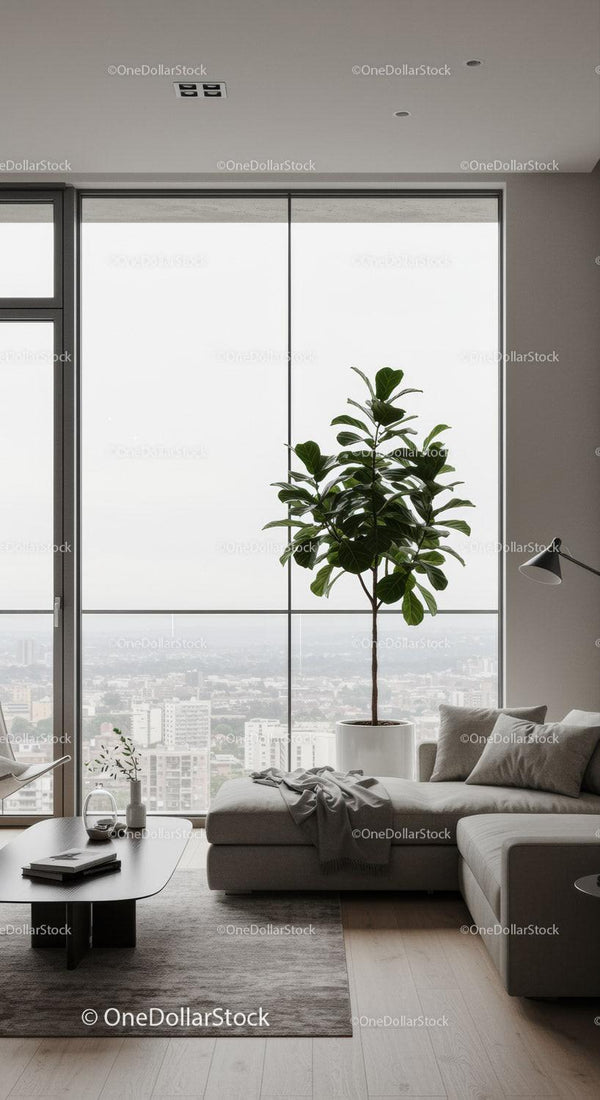 Modern Living Room with Large Window and Green Indoor Plant