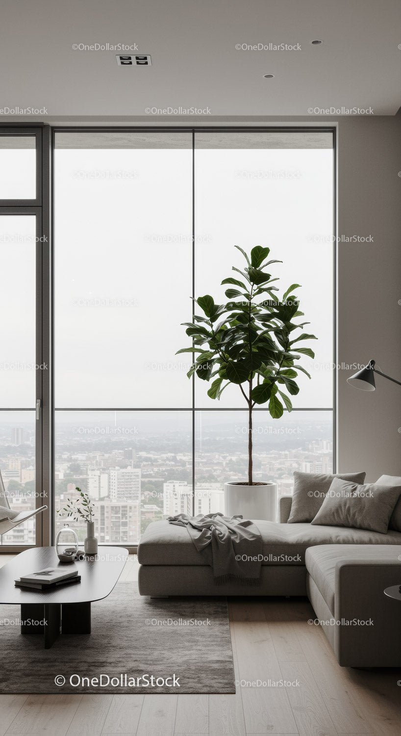 Modern Living Room with Large Window and Green Indoor Plant