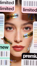 Close-up of woman face with exclusive holographic labels