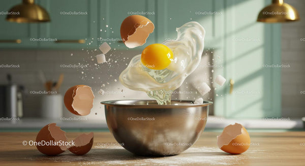 Fresh egg cracking into metal bowl with sugar cubes