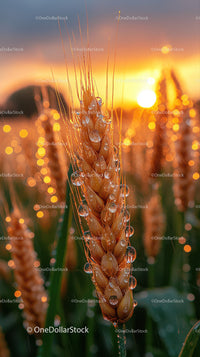 Golden Wheat Spike with Water Droplets at Sunrise