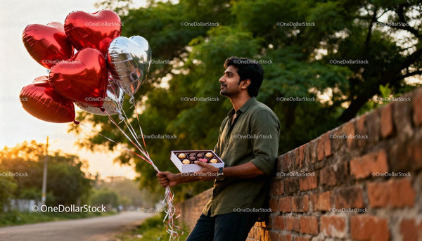Man Holding Heart Balloons and Chocolates Outdoors