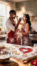 Couple playfully baking heart shaped cookies together