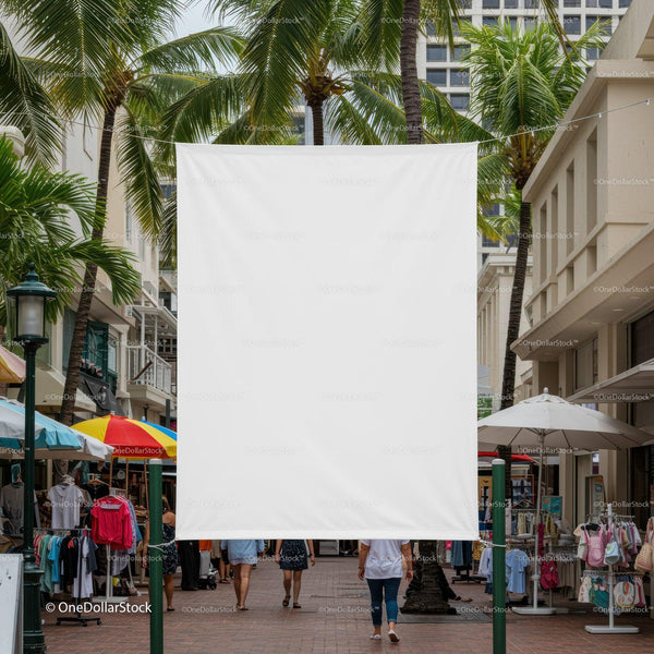 Blank white banner over lively outdoor market walkway JPG Mockup Image