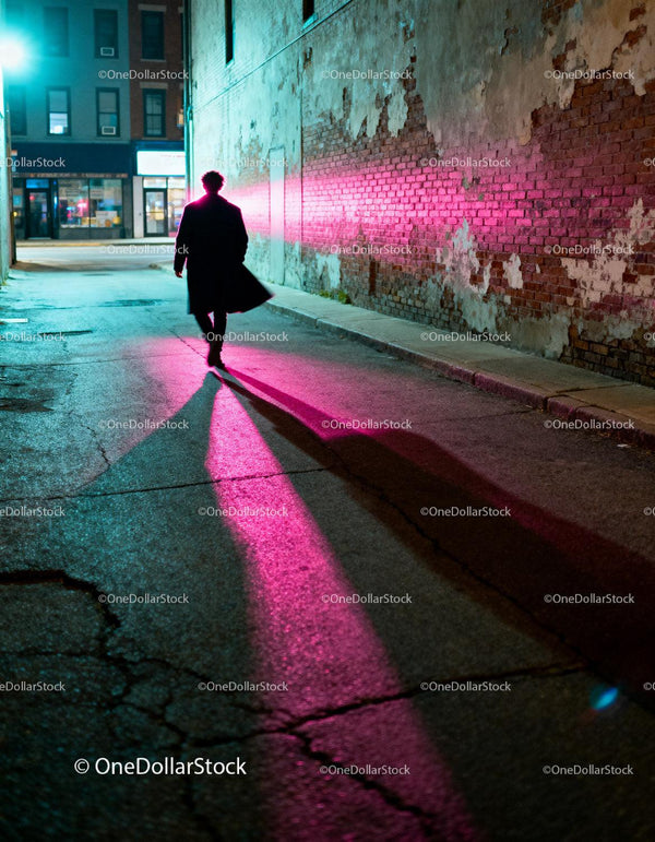 Silhouette of man walking in neon lit urban alley