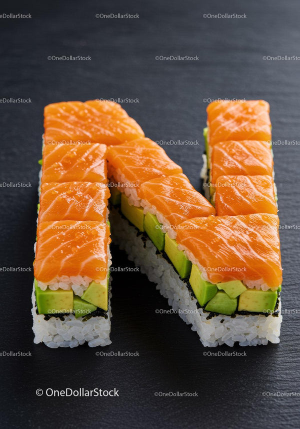 Sushi shaped as letter N with fresh salmon and avocado