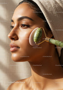 Woman Receiving Facial Massage with Jade Roller for Skin Rejuvenation