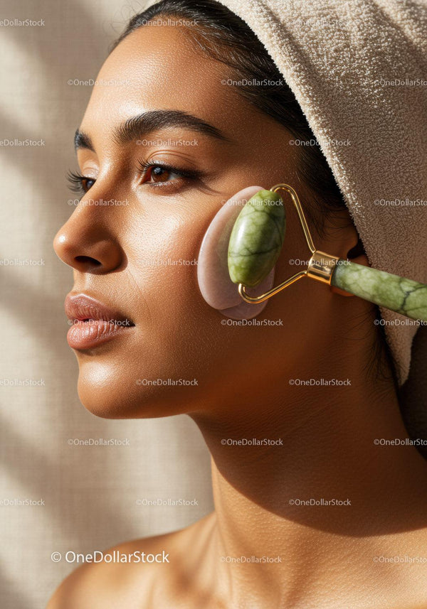 Woman Receiving Facial Massage with Jade Roller for Skin Rejuvenation