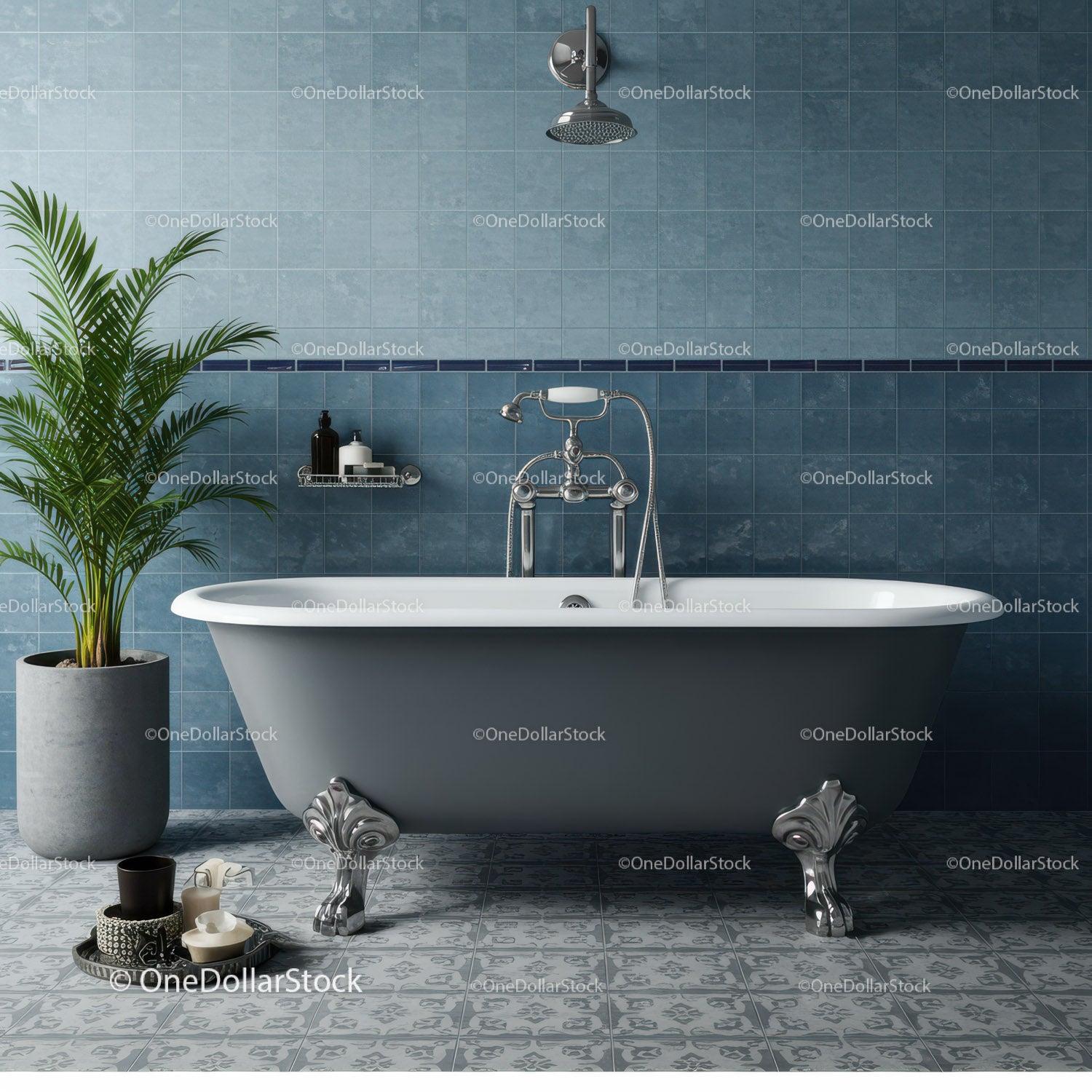 Vintage clawfoot bathtub in stylish blue tiled bathroom