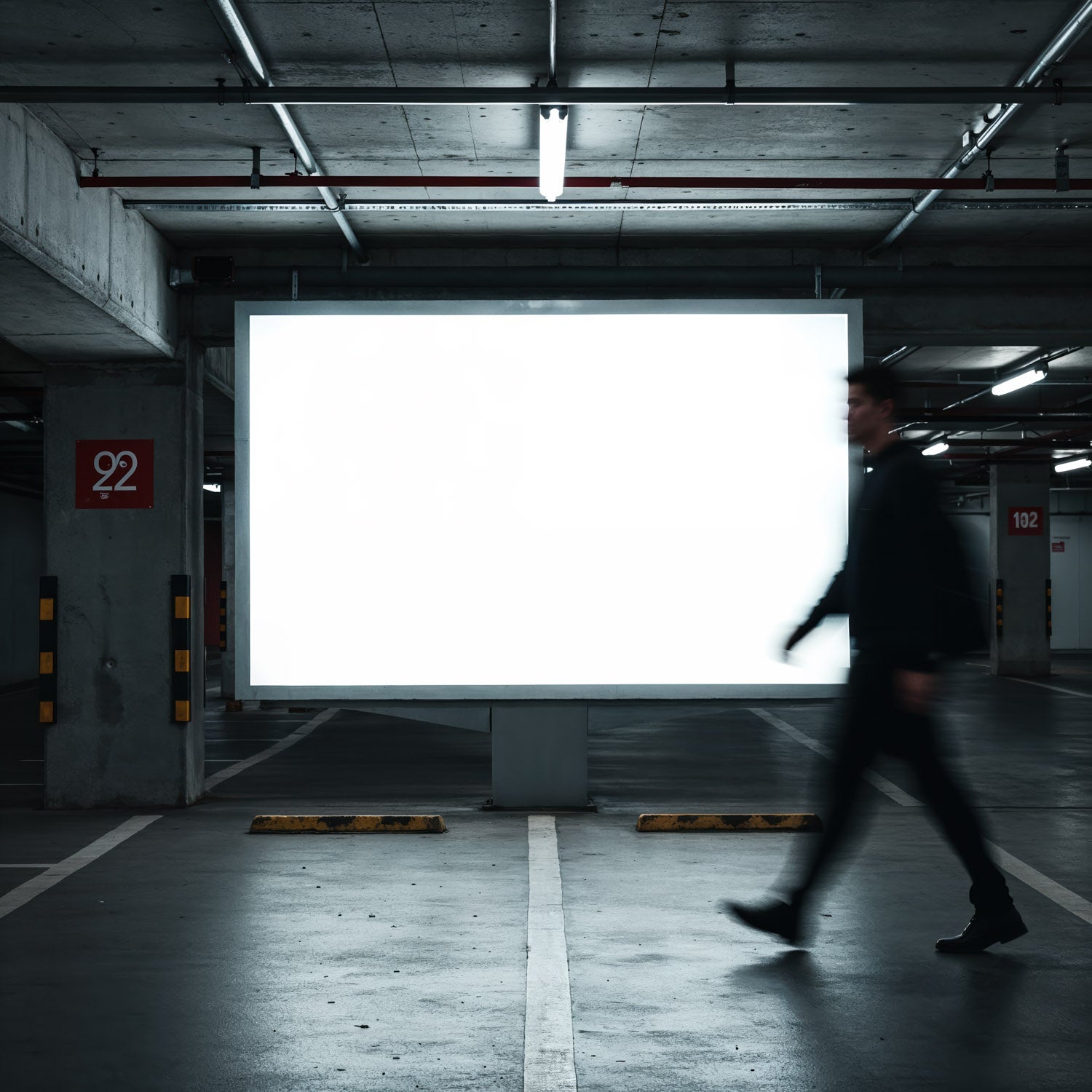 Rozmazana sylwetka przechodząca obok pustego billboardu w podziemnym parkingu