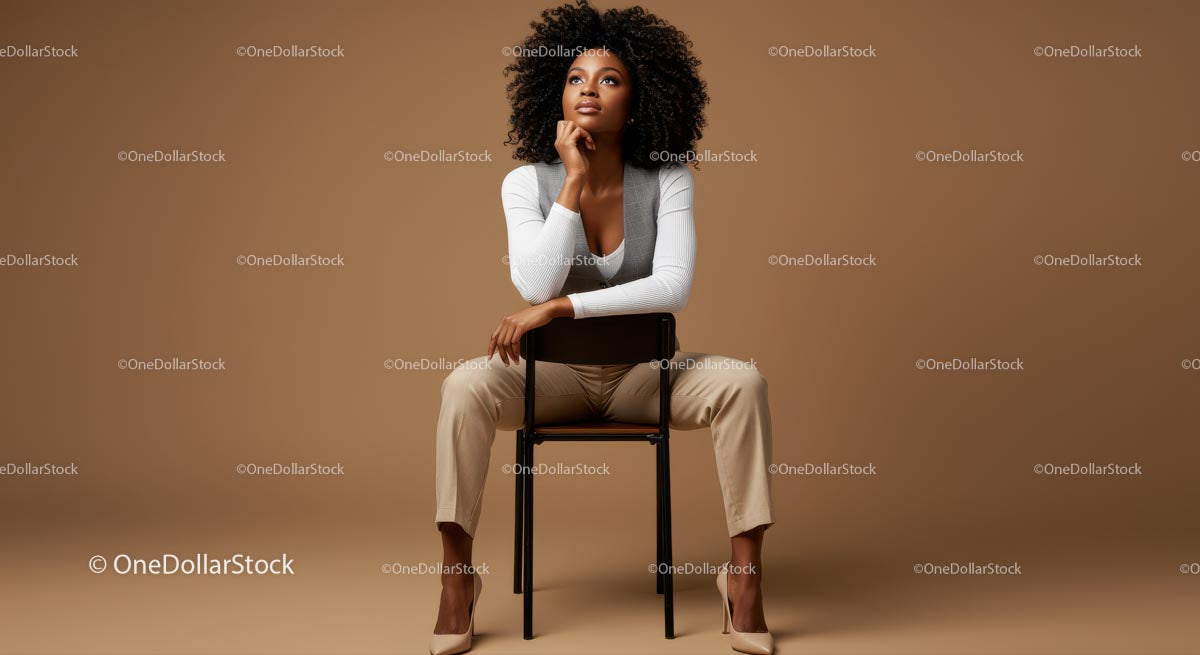 Stylish Young Woman Sitting on Chair in Studio