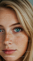 Close up of thoughtful young woman with freckles