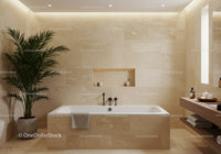 Luxurious Modern Bathroom with Beige Marble Tiles and Green Plant