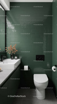 Modern Green Tiled Bathroom with White Ceramic Toilet and Minimalist Decor