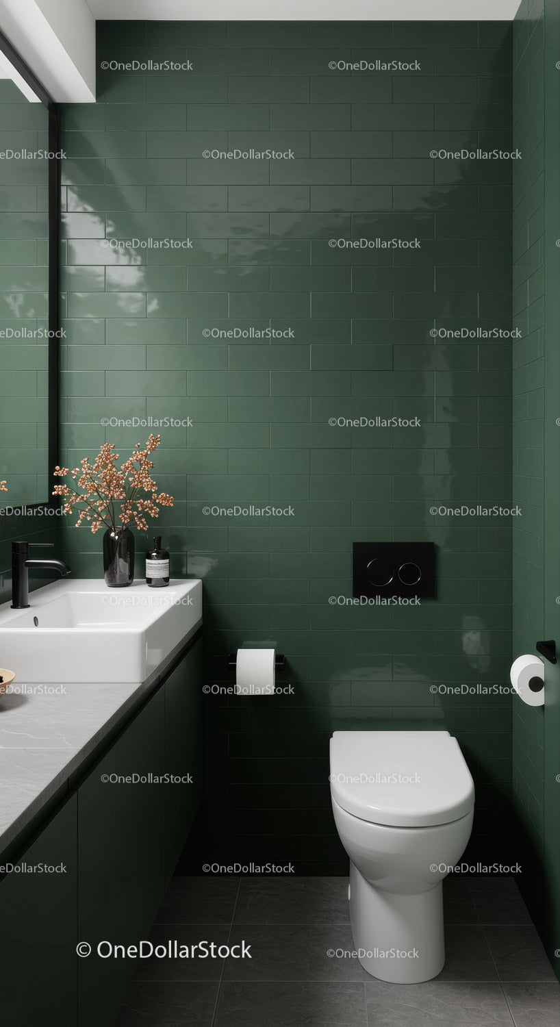 Modern Green Tiled Bathroom with White Ceramic Toilet and Minimalist Decor