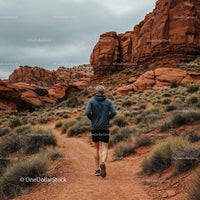 Man Running on Desert Trail Amid Red Rock Formations