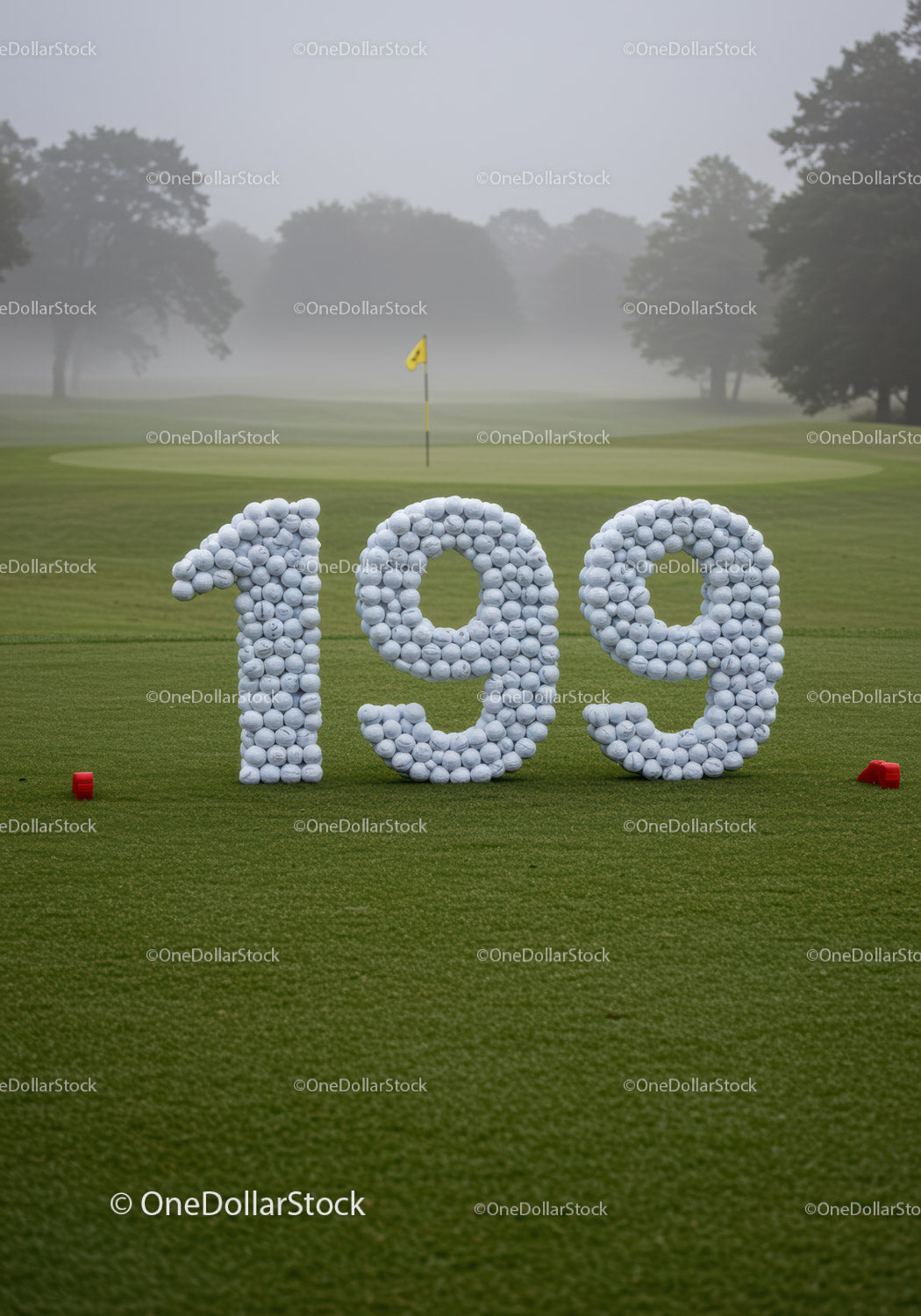 Golf balls arranged as 199 on a misty golf course