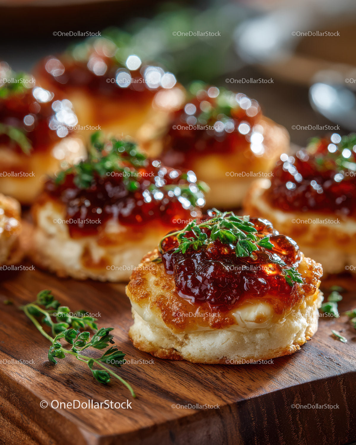 Close-up of Deviled Potatoes with Cherry Sauce and Fresh Herbs