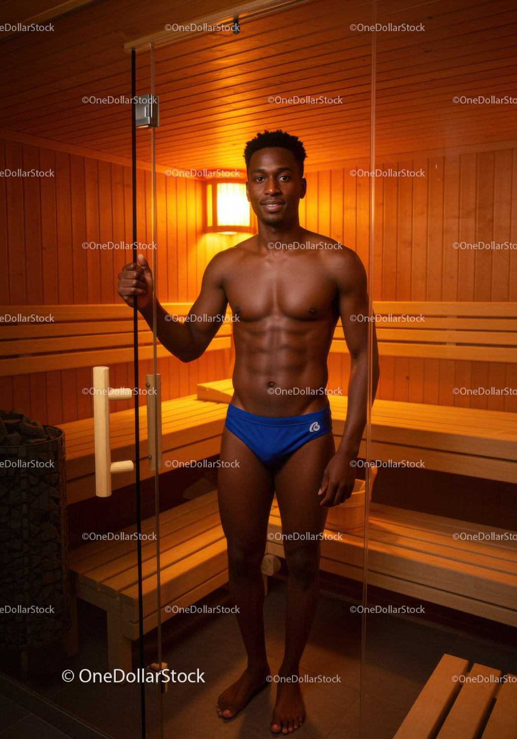 Man in Sauna with Toned Muscular Body Holding Sauna Stick