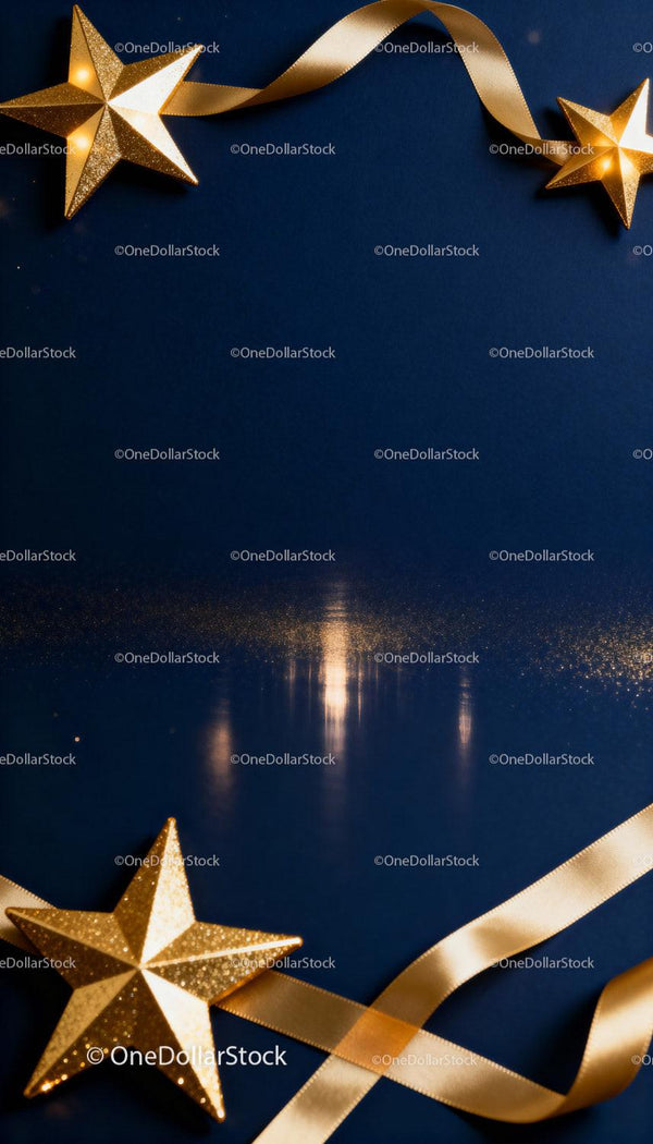 Golden Stars and Ribbon on Deep Blue Background