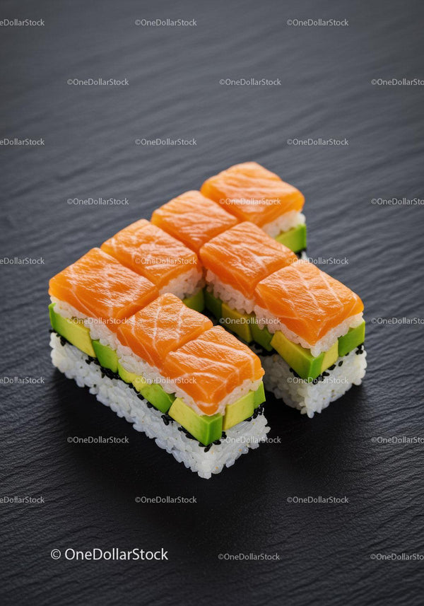 Fresh salmon avocado sushi rolls on dark slate plate