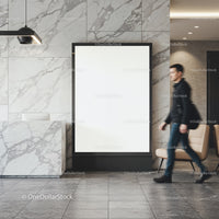 Modern lobby interior with blank advertisement poster