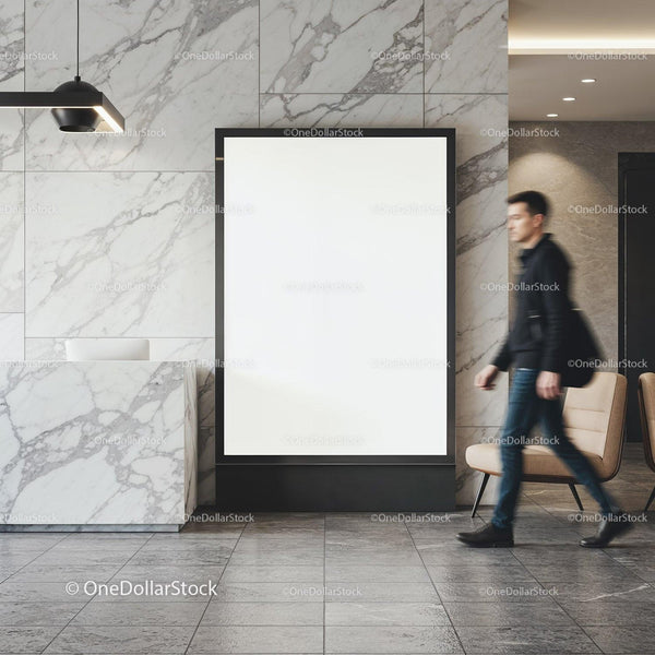Modern lobby interior with blank advertisement poster JPG Mockup Image