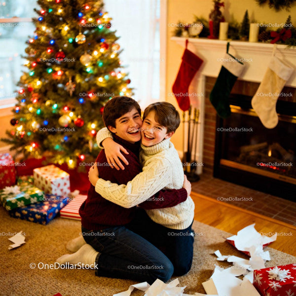 Brothers Sharing Joyful Hug by Christmas Tree