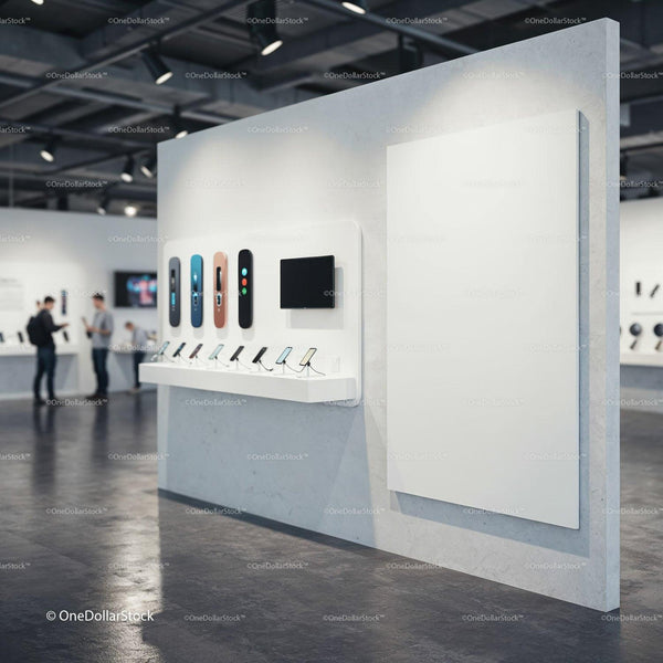 Modern tech showroom with sleek smart devices display JPG Mockup Image