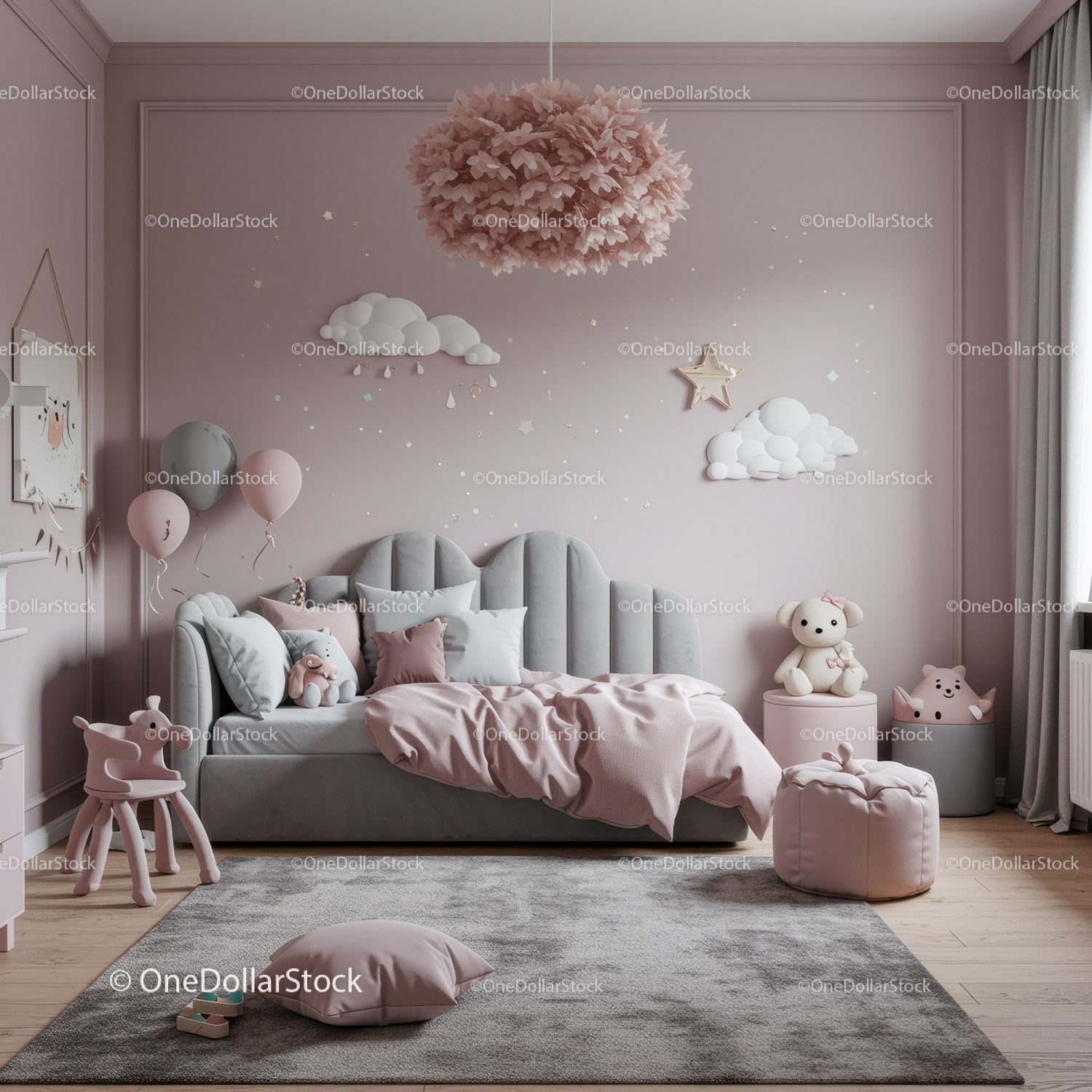 Pink and Gray Baby Nursery with Cloud Wall Art and Teddy Bear