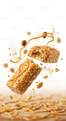 Crunchy granola bars with caramel drizzle and nuts