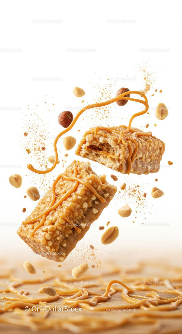 Crunchy granola bars with caramel drizzle and nuts