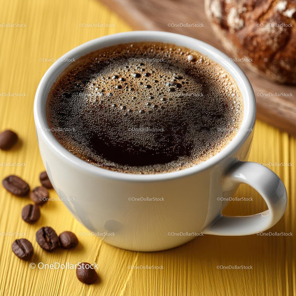 Steaming Cup of Black Coffee with Coffee Beans on a Yellow Background
