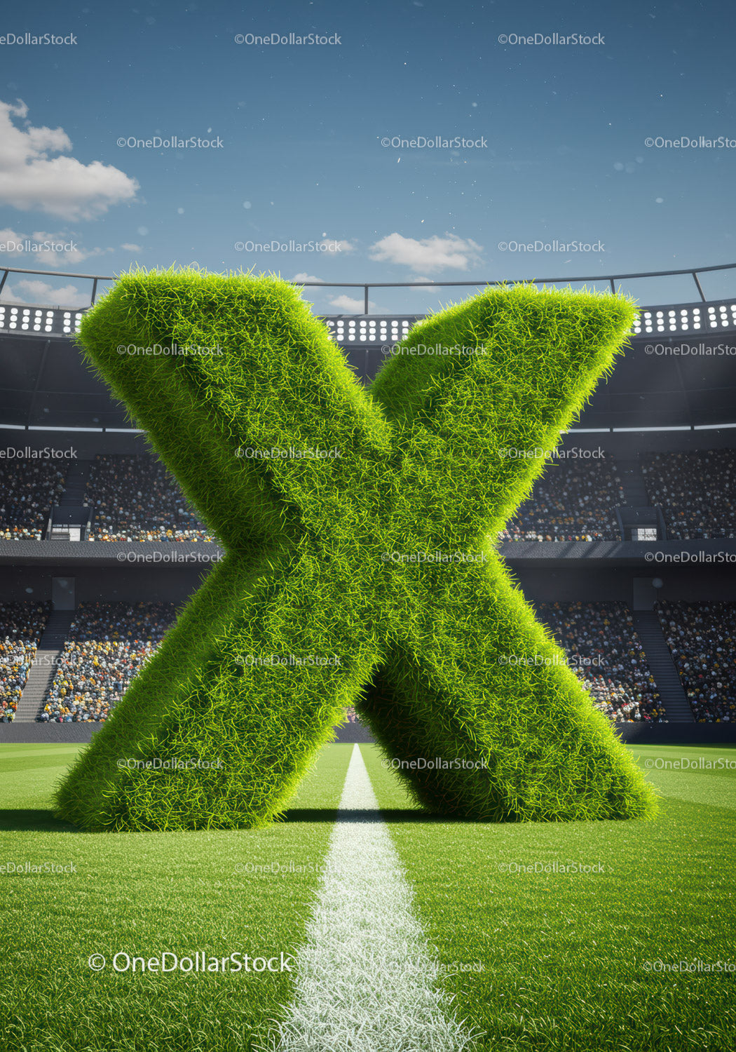 Duża, pokryta trawą litera X na boisku stadionu sportowego