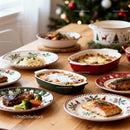 Holiday Dinner Table with Festive Plates and Main Courses