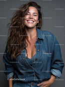 Beautiful Young Woman with Wavy Brown Hair Wearing Denim Jacket