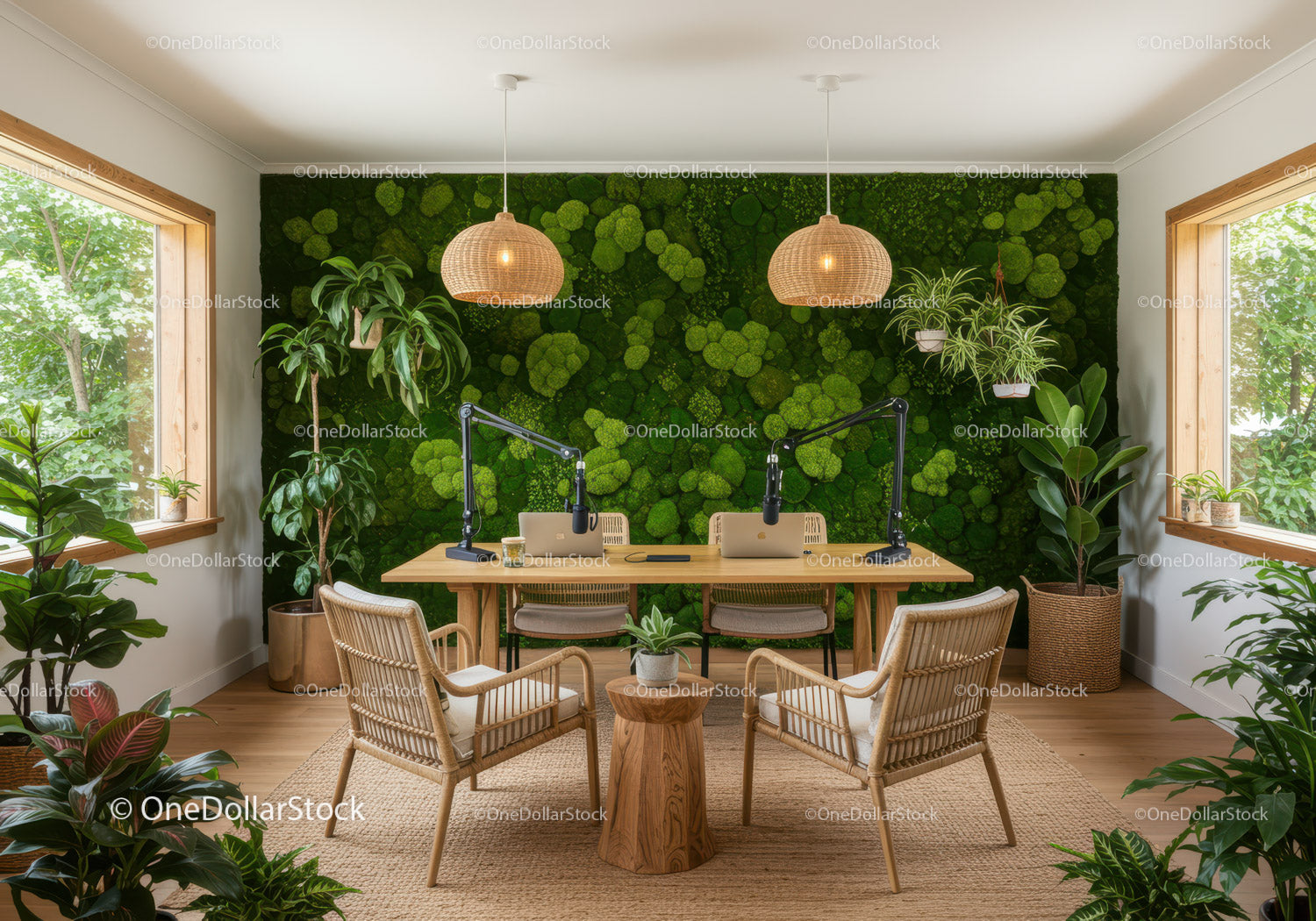 Modern Indoor Office with Green Moss Wall and Natural Light